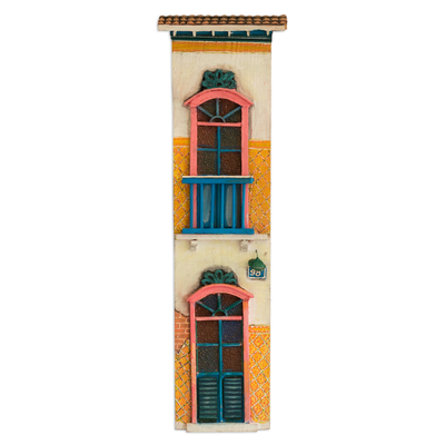 Wood relief panel, 'Door and Window' - Brazilian Colonial Home Facade in a Handcrafted Relief Panel