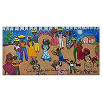 „Sussa-Tanz des Dorfes Kalunga“ – signiertes Naif-Gemälde einer Tanzszene aus Brasilien