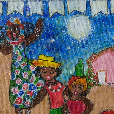 'Sussa Dance of the Village Kalunga' - Signed Naif Painting of a Dance Scene from Brazil