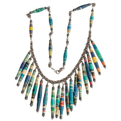 Hematite and recycled paper waterfall necklace, 'Sunny Memories' - Hematite and Recycled Paper Waterfall Necklace from Brazil
