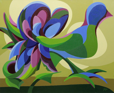 'Cutout Birds' (2004) - Multicolor Cubist Original Painting of Birds and Flowers