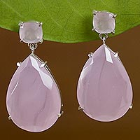 Rose quartz dangle earrings, 'Flower Petals' - Rose Quartz and Sterling Silver Dangle Earrings from Brazil