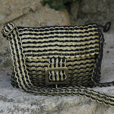 Recycled soda pop-top sling bag, 'Shimmery Stripes' - Recycled Soda Pop-Top Sling Bag with Black Stripes