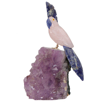Gemstone sculpture, 'Gleaming Cockatoo' - Sodalite Rose Quartz and Amethyst Bird Sculpture from Brazil