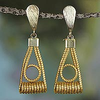 Gold accent golden grass dangle earrings, 'Gleaming Balance' - Gold Plated Golden Grass and Brass Dangle Earrings