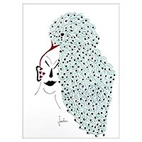 'Windy Green Hair' - Signed Modern Painting of a Face with Leaves from Brazil