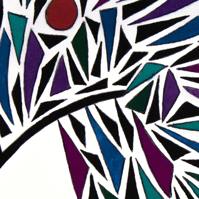'Cabeza con pájaro colorido' - Pintura geométrica moderna firmada de una cara y un pájaro