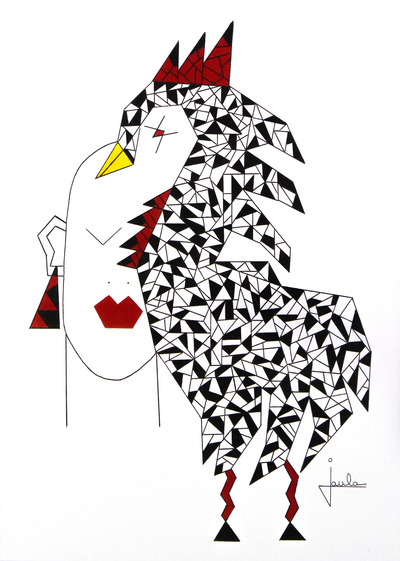 'Cara con Gallo' - Pintura moderna firmada de una cara con un gallo de Brasil