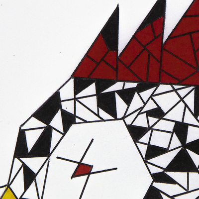 'Cara con Gallo' - Pintura moderna firmada de una cara con un gallo de Brasil