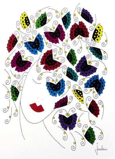 'Mariposas en el viento' - Retrato moderno firmado con pluma y tinta de mujer con mariposas