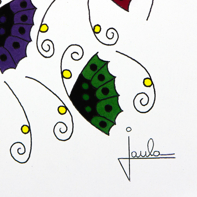 'Mariposas en el viento' - Retrato moderno firmado con pluma y tinta de mujer con mariposas