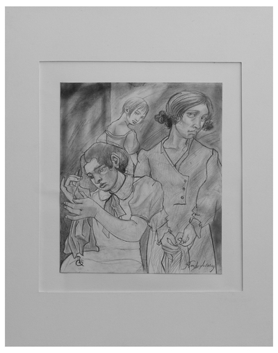 Signed Charcoal Drawing of Seamstresses from Brazil