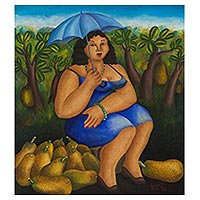 'Woman Selling Jackfruit' - Brazilian Oil Painting on Canvas of a Fruit Vendor