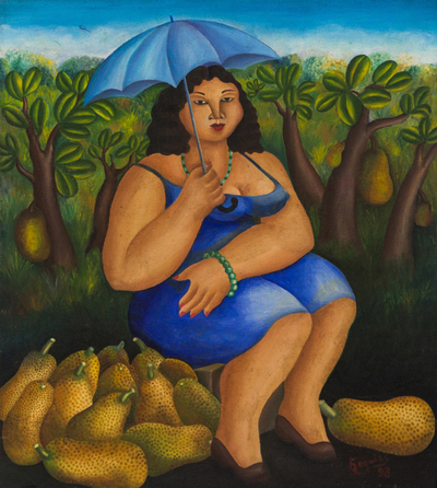 Brazilian Oil Painting on Canvas of a Fruit Vendor