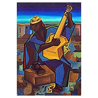 'Guitarist' (1995) - Cubist Style Brazilian Oil Painting of a Lone Guitar Player