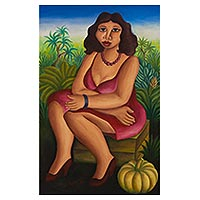 'Woman' (1992) - Original Oil Painting of a Woman in a Red Sundress