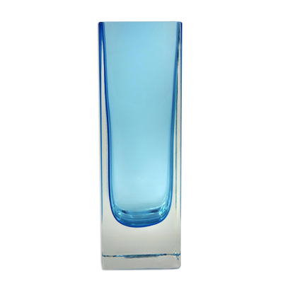 Art glass vase, 'Suspended Blue' - Hand Blown Murano-Style Art Glass Vase in Blue from Brazil