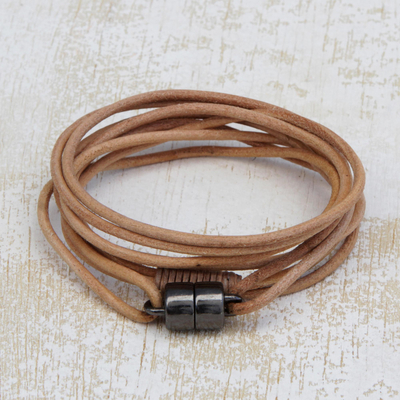 Leather wrap bracelet, 'Spatial Nature' - Handcrafted Leather Cord Wrap Bracelet in Beige from Brazil