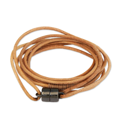 Handcrafted Leather Cord Wrap Bracelet in Beige from Brazil