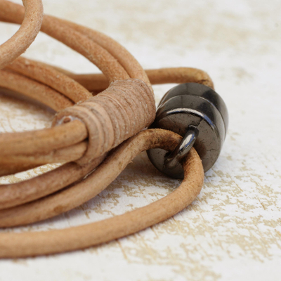 Leather wrap bracelet, 'Spatial Nature' - Handcrafted Leather Cord Wrap Bracelet in Beige from Brazil