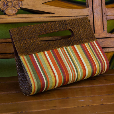 Palm leaf accent cotton clutch, 'Jungle Colors' - Striped Cotton and Palm Leaf Clutch from Brazil
