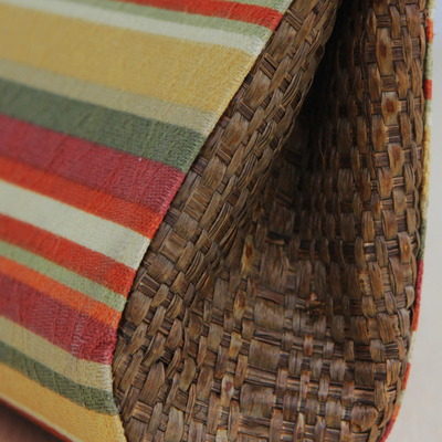 Palm leaf accent cotton clutch, 'Jungle Stripes' - Striped Palm Leaf Accent Cotton Clutch from Brazil