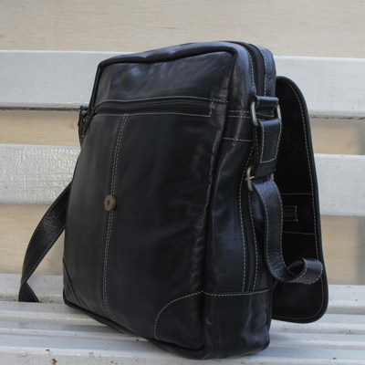 Leather messenger bag, 'Casual Traveler' - Handcrafted Leather Messenger Bag in Black from Brazil