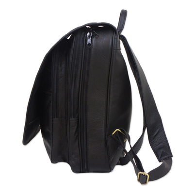 Leather backpack, 'Mysterious Traveler' - Handcrafted Black Leather Backpack with a Flap from Brazil