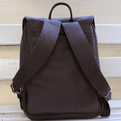Leather backpack, 'Mysterious Traveler in Currant' - Handcrafted Adjustable Mahogany Leather Backpack from Brazil