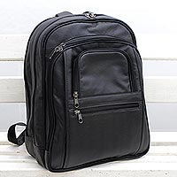 Leather backpack, 'Studious Traveler in Black'
