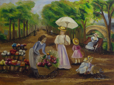 'Flower Vendor' - Romantic Impressionist Painting of a Park in Olden Days