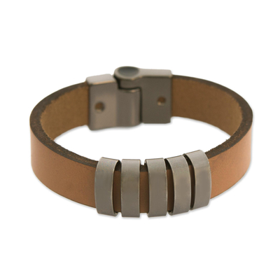 Men's leather wristband bracelet, 'City Cowboy' - Men's Brown Leather Bracelet with Metal Accents from Brazil