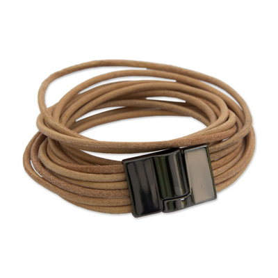 Handcrafted Leather Cord Beige Wrap Bracelet from Brazil