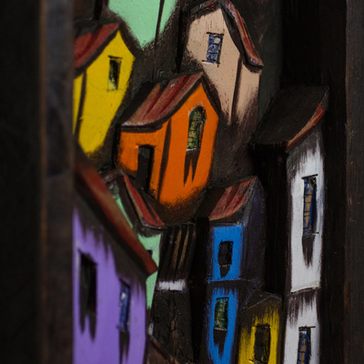 Cedar wood wall art, 'Favela Hill' - Signed Cedar Wood Wall Art of a Favela from Brazil