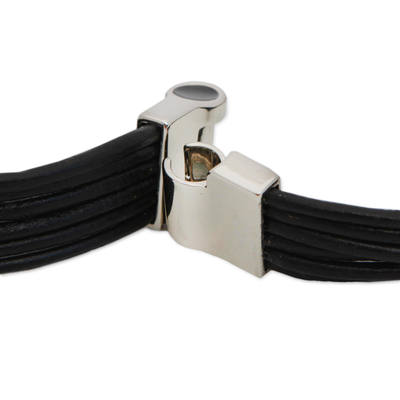 Leather wrap bracelet, 'Lunar Rotations' - Modern Black Leather Wrap Bracelet from Brazil