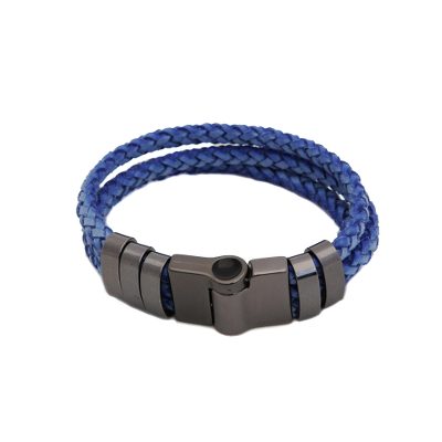 Leather wristband bracelet, 'Steel Blue Trance' - Steel Blue Braided Leather Wristband Bracelet from Brazil