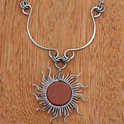 Sunstone pendant necklace, 'Sun Rays' - Handcrafted Sunstone Sun-Themed Pendant Necklace from Brazil
