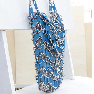 Zipper pull shoulder bag, 'Blue Treasure' - Recycled Zipper Pull Shoulder Bag in Blue from Brazil
