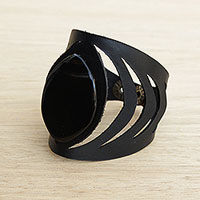 Agate wristband bracelet, 'Dark Eye' - Agate and Leather Wristband Bracelet in Black from Brazil