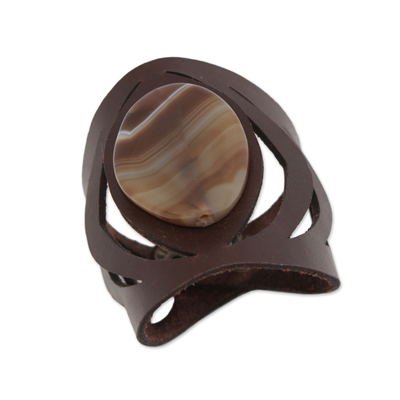 Agate wristband bracelet, 'Brown Eye' - Agate and Leather Wristband Bracelet in Brown from Brazil