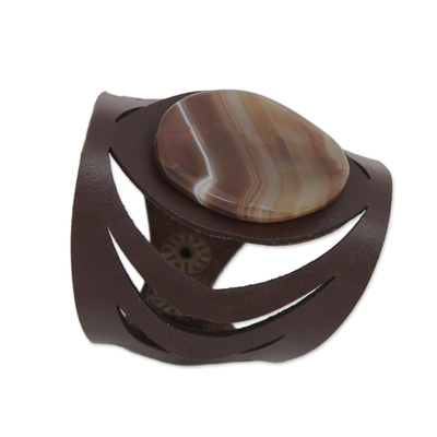 Agate wristband bracelet, 'Brown Eye' - Agate and Leather Wristband Bracelet in Brown from Brazil