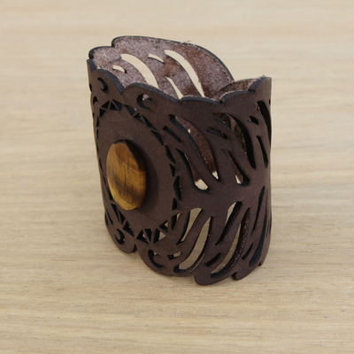 Tiger's eye wristband bracelet, 'Earthen Eye' - Tiger's Eye and Leather Wristband Bracelet from Brazil