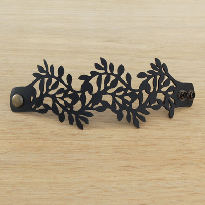 Leather wristband bracelet, 'Brazilian Foliage in Black' - Leaf Motif Leather Wristband Bracelet in Black from Brazil