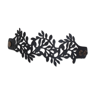 Leather wristband bracelet, 'Brazilian Foliage in Black' - Leaf Motif Leather Wristband Bracelet in Black from Brazil