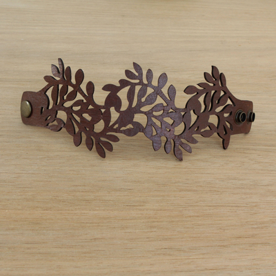 Leather wristband bracelet, 'Brazilian Foliage in Nutmeg' - Leaf Motif Leather Wristband Bracelet in Nutmeg from Brazil