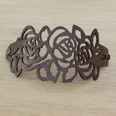 Leather wristband bracelet, 'Brazilian Flowers in Espresso' - Floral Leather Wristband Bracelet in Espresso from Brazil