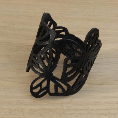 Leather wristband bracelet, 'Brazilian Butterfly in Black' - Butterfly-Themed Leather Wristband Bracelet from Brazil
