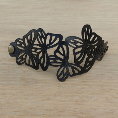 Leather wristband bracelet, 'Brazilian Butterfly in Black' - Butterfly-Themed Leather Wristband Bracelet from Brazil