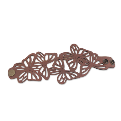 Leather wristband bracelet, 'Brazilian Butterfly in Nutmeg' - Handmade Leather Butterfly Bracelet in Nutmeg from Brazil