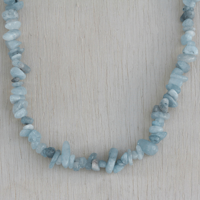 Aquamarine beaded long necklace, 'Aqua Infatuation' - Natural Aquamarine Beaded Necklace from Brazil